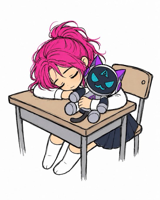 An illustration of an anime-style character with pink hair sleeping on a school desk while hugging a black plush cat toy with purple ears and glowing blue eyes.