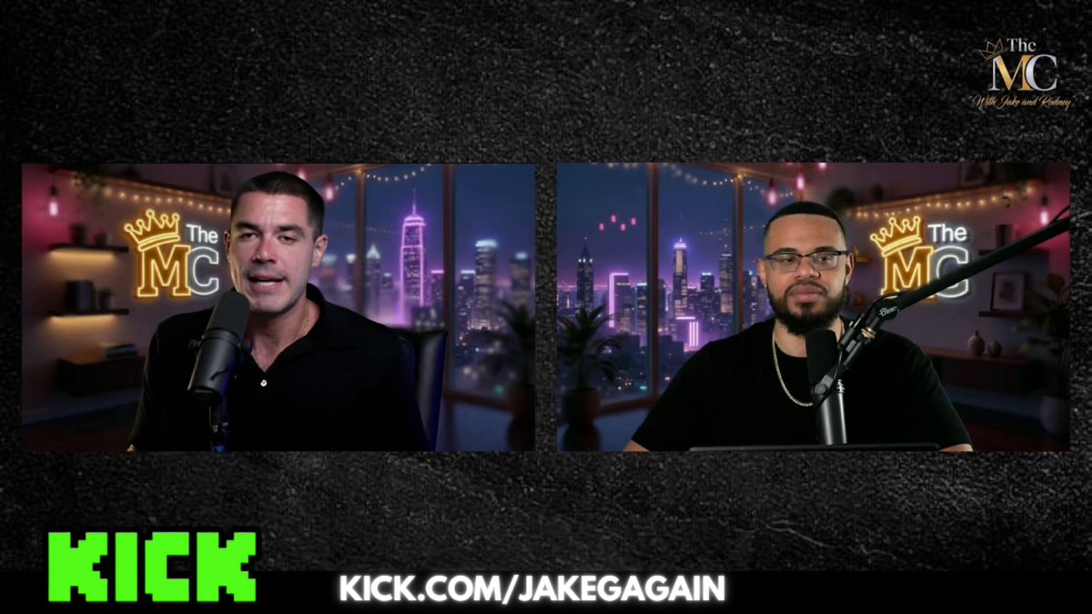 The image features two men sitting behind microphones, appearing to be discussing a topic related to cryptocurrency or blockchain technology. The background of the image shows a city skyline at night with bright lights illuminating the buildings. There are also some texts visible on the image that read "kick.com/JakeGain" and "step 4/7 of Pavel Durov's master plan of rebranding the Ton Chain".