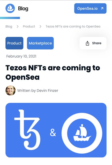 A screenshot of an OpenSea blog post titled 'Tezos NFTs are coming to OpenSea', written by Devin Finzer on February 10, 2021, featuring the Tezos and OpenSea logos.