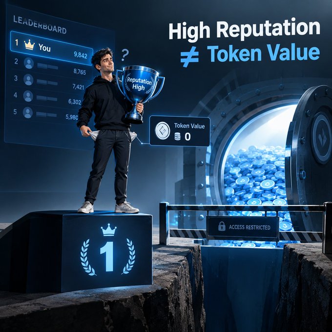 A digital illustration depicts a man holding a trophy on a first-place podium next to a vault of blue tokens, with text reading 'High Reputation ≠ Token Value' and a 'LEADERBOARD' graphic.