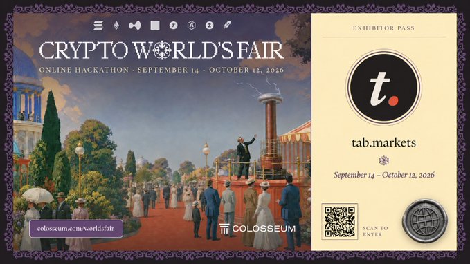 An exhibitor pass for 'CRYPTO WORLD'S FAIR' online hackathon from September 14 to October 12, 2026, featuring classical paintings of fairs and crowds, with the company name 'tab.markets' and a QR code.