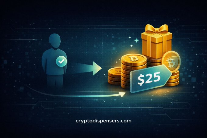 A promotional graphic for cryptodispensers.com showing a verified user icon with an arrow pointing to gold coins, Bitcoin, a gift box, and a $25 sign-up bonus.