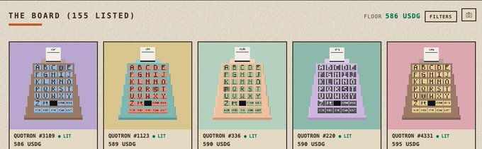 A NFT marketplace interface displays 'THE BOARD (155 LISTED)' with Quotron collectible items priced from 336 to 1123 USDG.