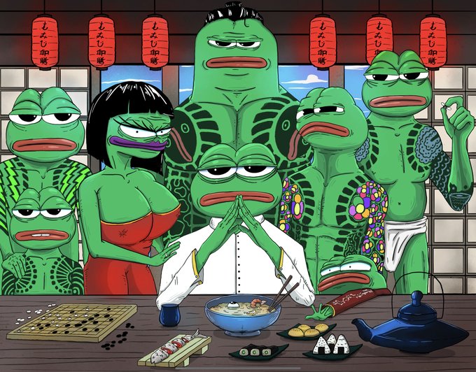This image depicts a group of diverse Pepe the Frog characters in a Japanese-themed setting, with the text "もみじ牢時" visible on the lanterns, likely referencing "Pepe 2023." The scene with Pepe characters enjoying Japanese food and playing Go visually represents the vibrant and dynamic nature of memetics and crypto culture discussed in the accompanying post.