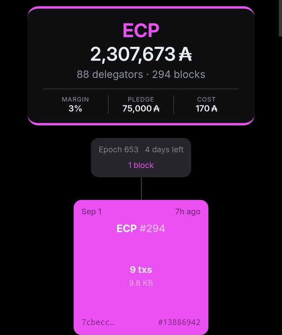 A dark-themed crypto/blockchain dashboard showing 'ECP' with 2,307,673 A, 88 delegators, 294 blocks, 3% margin, 75,000 A pledge, and 170 A cost, with Epoch 653 having 4 days left.
