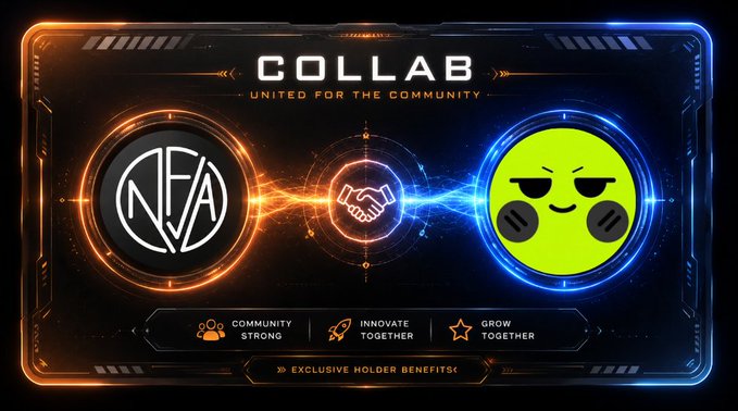 A promotional graphic with the text 'COLLAB UNITED FOR THE COMMUNITY' displays two circular logos, 'NFA' and a yellow smiley face, connected by a handshake icon, with the tagline 'EXCLUSIVE HOLDER BENEFITS' and points reading 'COMMUNITY STRONG', 'INNOVATE TOGETHER', and 'GROW TOGETHER'.