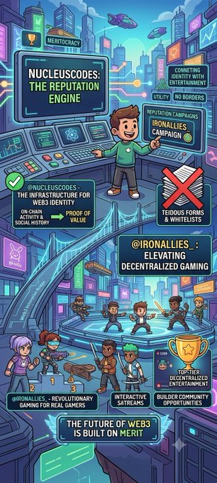 A futuristic infographic titled 'NUCLEUSCODES: THE REPUTATION ENGINE' and '@IRONALLIES: ELEVATING DECENTRALIZED GAMING', concluding with 'THE FUTURE OF WEB3 IS BUILT ON MERIT'.