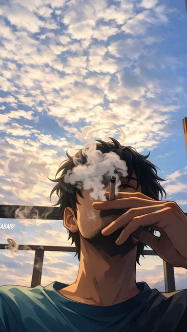 Anime-style illustration of a man smoking a cigarette with smoke billowing around his face against a cloudy sky, signed ABNX.
