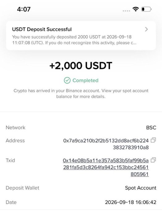 A Binance app screenshot confirms a 'USDT Deposit Successful' for +2,000 USDT to a Spot Account on the BSC network at 2026-09-18.