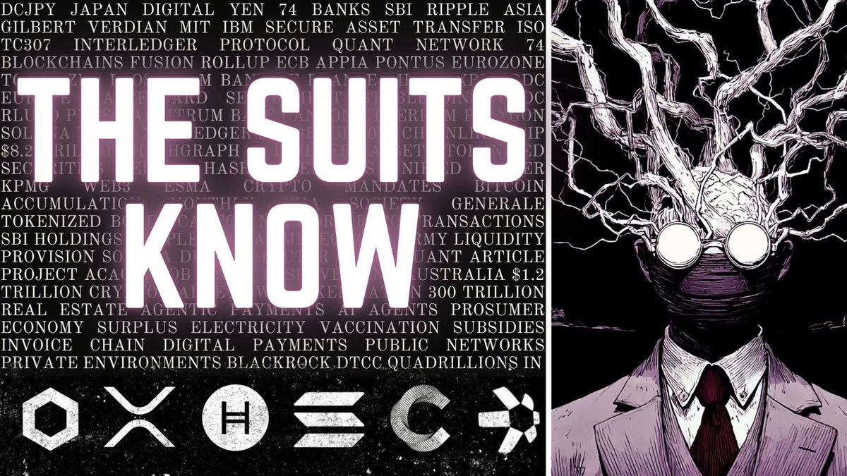 The post features a graphic that appears to be a comic book illustration with a man dressed up as a suit head, wearing eyeglasses with fake wires sprouting from his skull. There are several words related to suits, such as "suits", "wearing", and "head". The background is black, and there is an arrow pointing to the center of the image that says "The suits know".