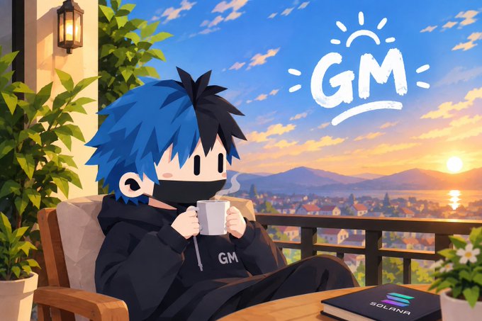 A digital illustration of an anime-style character with blue and black hair and a black face mask, wearing a black hoodie with 'GM' text, holding a mug against a sunset cityscape background with 'GM' floating in the sky.