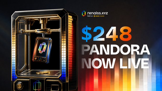 Promotional banner for 'rendiss.xyz' on the Base chain featuring a Pandora's box device with a '$248' price tag and the announcement 'PANDORA NOW LIVE'.