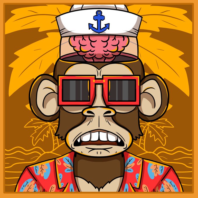 A digital illustration of a Bored Ape-style NFT character wearing a sailor hat with an exposed brain, red pixel sunglasses, and a red Hawaiian shirt.
