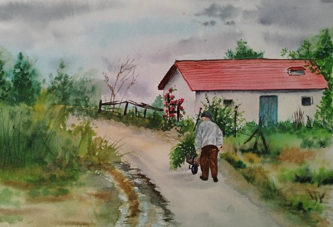 A watercolor painting depicting a man walking down a rural dirt path toward a white cottage with a red roof, carrying what appears to be a bundle of greens and a small tool.