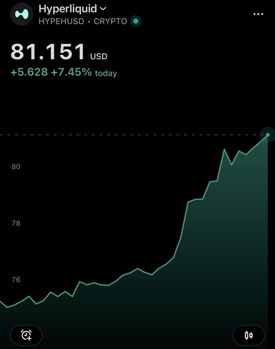 A dark-themed cryptocurrency price chart for Hyperliquid (HYPE/USD) showing a current price of 81.151 USD, up +7.45% today, with an ascending green line graph.