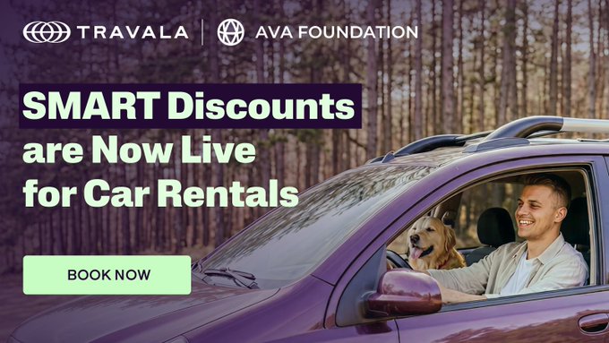 A promotional graphic from Travala and AVA Foundation announces that SMART tier discounts are now available for car rentals, featuring a smiling man and his golden retriever in a purple SUV against a forest backdrop, with a "BOOK NOW" call-to-action button. The image visually reinforces the post's message about unlocking discounted car rental rates for road trips.