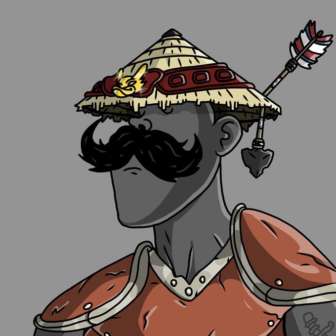 A grayscale illustration of a character with a faceted head, wearing a conical straw hat with a red band and yellow leaf emblem, along with red armor and arrows on their back.