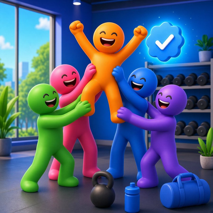 A 3D-rendered illustration shows five colorful humanoid figures (green, pink, orange, blue, purple) celebrating together in a gym setting with dumbbells and a kettlebell, while an orange figure is lifted triumphantly in the air beneath a glowing blue verification checkmark badge.