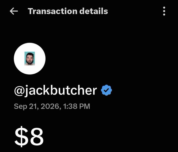 A transaction details screen shows an $8 payment sent to verified user @jackbutcher on Sep 21, 2026, at 1:38 PM. The screenshot captures the purchase of one of Jack Butcher's minted digital items referenced in the post.