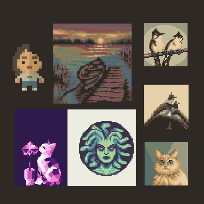 A collection of seven pixel art images on a black background, including a character, a sunset landscape with a boat, two birds on a branch, a purple cat with crystals, a Medusa portrait, an airplane, and an orange cat.