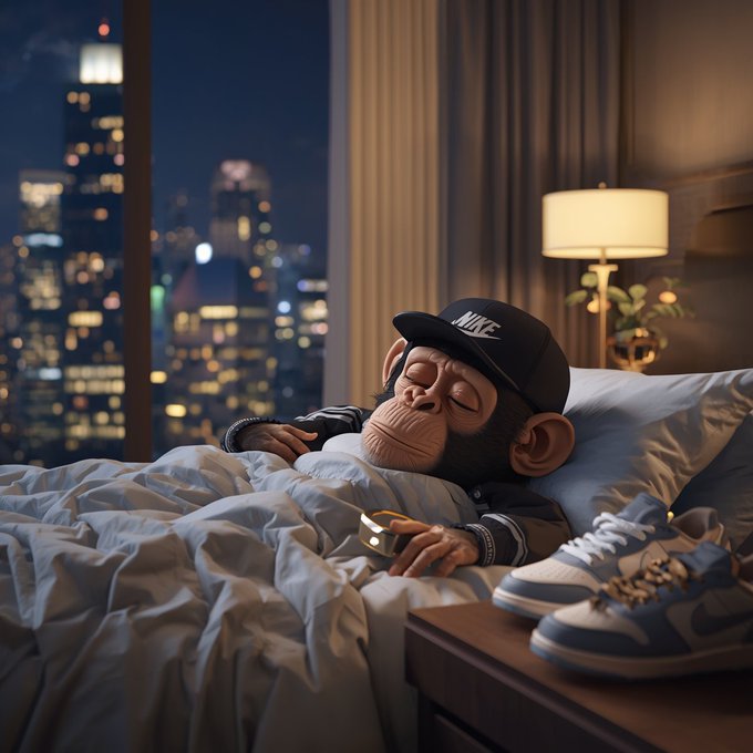 A 3D render of a chimpanzee wearing a black 'NIKE' cap and jacket, sleeping in a bed in a modern apartment with a city skyline visible through the window, with a pair of sneakers on the nightstand.