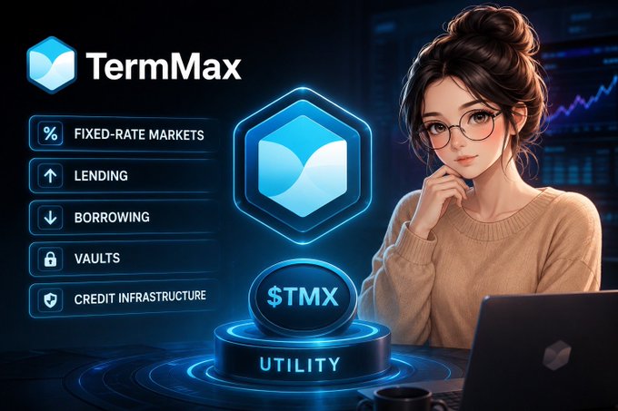 A promotional graphic for 'TermMax' featuring an anime-style woman with glasses, a hexagonal logo, and menu options including 'FIXED-RATE MARKETS,' 'LENDING,' 'BORROWING,' 'VAULTS,' and 'CREDIT INFRASTRUCTURE,' with '$TMX UTILITY' displayed below.