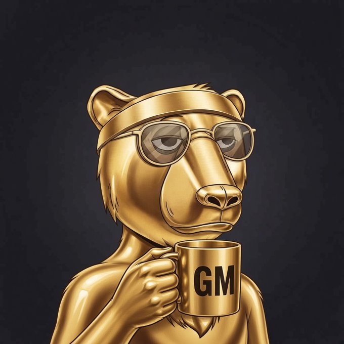 A digital illustration of a golden bear wearing sunglasses and a headband, holding a gold mug labeled 'GM' against a dark background.