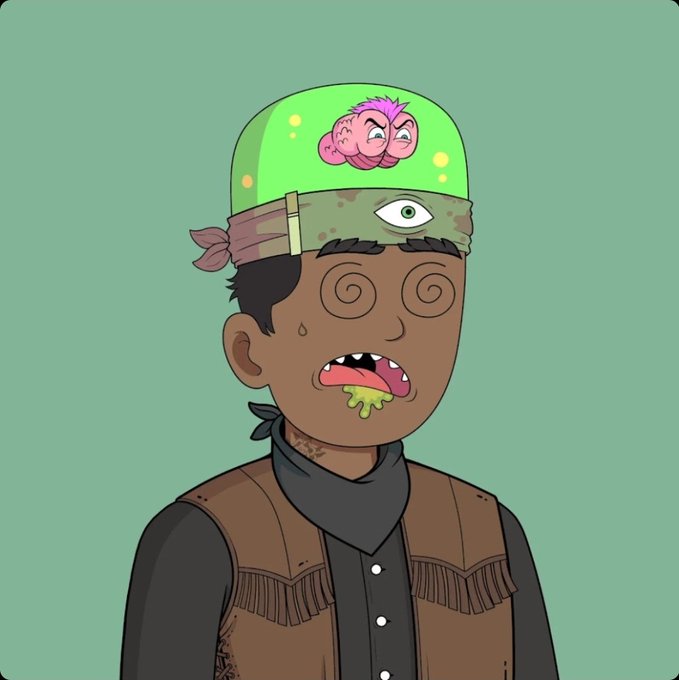 A cartoon illustration of a young person wearing a green hat featuring a pink brain and an eye on the band, with swirly eyes, a sweat drop, and green drool dripping from their mouth.