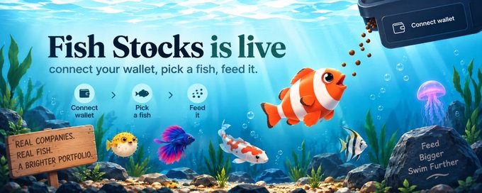 A promotional banner for "Fish Stocks" features an underwater scene with a clownfish and other fish, with text stating "Fish Stocks is live," "connect your wallet, pick a fish, feed it," and "REAL COMPANIES. REAL FISH. A BRIGHTER PORTFOLIO."