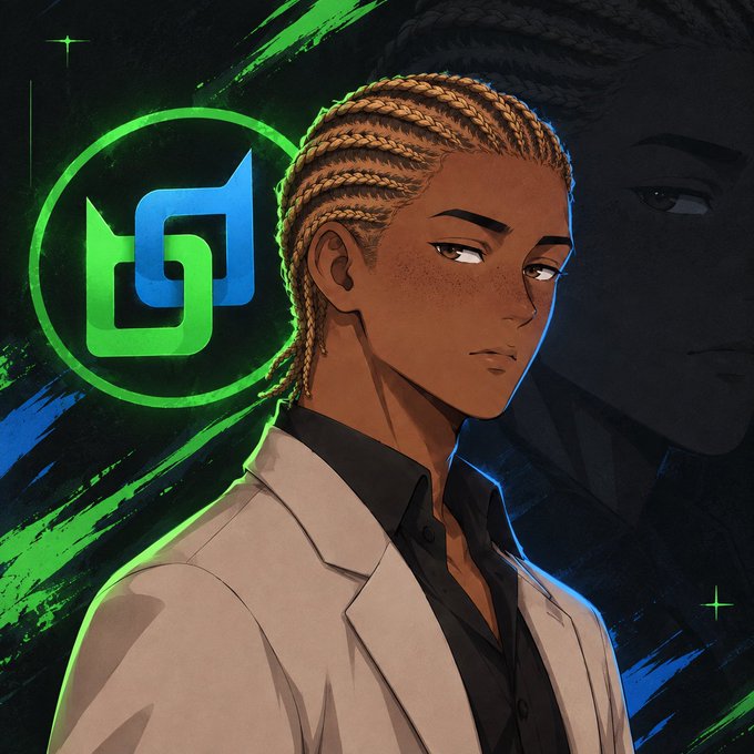 An anime-style digital illustration featuring a character with cornrow braids and a white blazer against a green and black painted background, accompanied by a stylized blue and green logo.