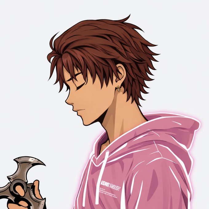 A side-profile anime illustration of a brown-haired character wearing a pink "BUNKR AMBUSH" hoodie and holding a dark shuriken, paired with a morning greeting post seeking "GM" responses from the community.
