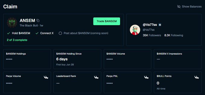 Dashboard showing $ANSEM token claim page with 2 of 3 tasks complete, connected to X account @Va77ss (35K Followers, 8.3K Following).