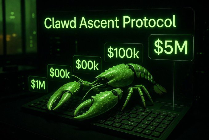 A green crustacean labeled 'Clawd Ascent Protocol' sits atop a keyboard, surrounded by floating dollar amount tags ranging from $1M to $5M.