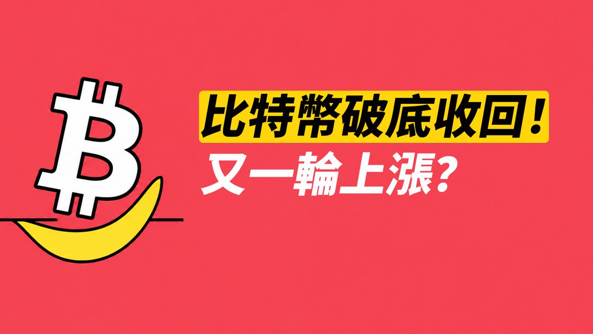 The image features a stylized Bitcoin (₿) logo bouncing off a yellow upward-curve against a red background, accompanied by Chinese text reading "比特幣破底收回！" (Bitcoin bottom reclaimed!) and "又一輪上漲？" (Another round of rally?). The bold, attention-grabbing design visually reinforces the post's optimistic take on BTC's price recovery and broader market analysis covering the S&P 500, gold, and AMD.