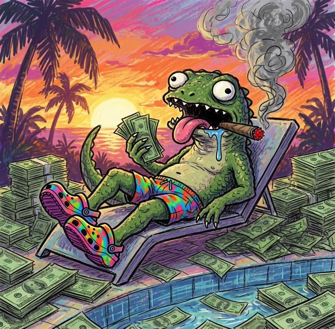 A vibrant, cartoon-style illustration of a green reptilian creature wearing colorful patterned shorts and Crocs, lounging on a pool chair while smoking a cigar and holding cash, surrounded by stacks of money.