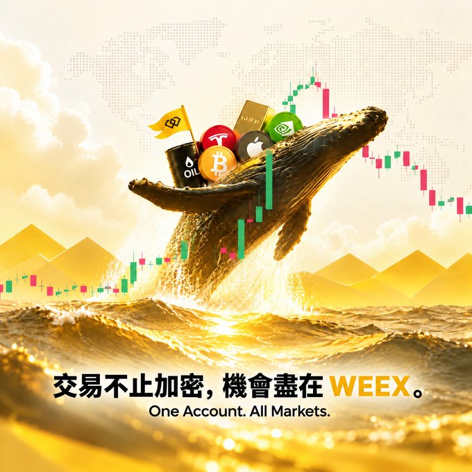 A WEEX cryptocurrency advertisement showing a whale breaching the ocean with various asset icons (Bitcoin, oil, gold, stocks) on its back, with the slogan 'One Account. All Markets.' and Chinese text '交易不止加密, 機會盡在 WEEX.'