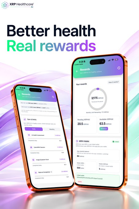 This image showcases the XRPH AI app, promoting "Better health, Real rewards" by displaying phone screens featuring reward points and balances in XRPHAI. The app allows users to earn XRPHAI for healthy actions, check medicines, scan prescriptions, and complete AI health assessments.