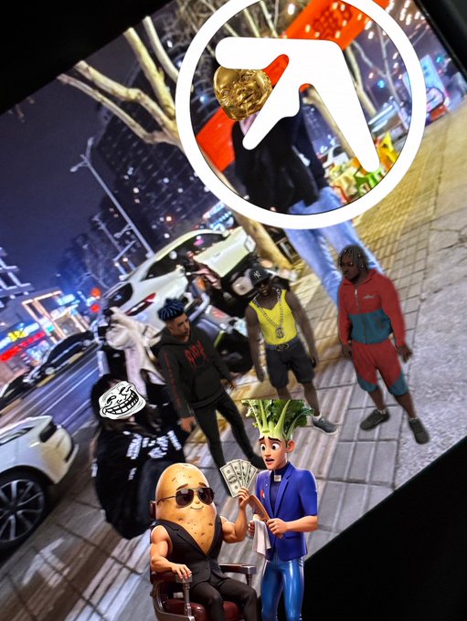 The image shows a group of individuals on a city street at night, with an oversized dog-like figure looming over them, while two cartoonish figures—one in a suit holding cash and another seated wearing a potato mask—appear in the foreground; the post humorously frames stock market analysis (discussing a "Bull Pennant" pattern) as casual, entertainment-like commentary, likening it to reading a novel.

The visual's surreal, meme-like characters and chaotic street scene mirror the post's lighthearted tone, treating technical stock analysis as mere "bullshit" storytelling rather than serious financial advice.