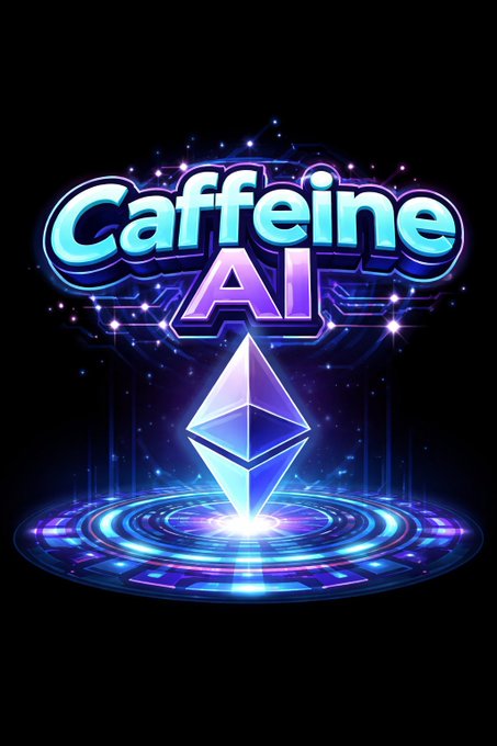 A vibrant neon-styled logo for 'Caffeine AI' featuring an Ethereum-style diamond symbol on a glowing circular platform against a dark blue background.