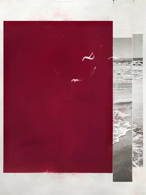 The image features a square piece of red art with a white border, set against a dark background. A single line cuts across the frame, dividing it into two distinct sections - the left side is white, while the right side is black, creating an interesting contrast. The artwork includes various elements such as water and sand, which add to its overall visual appeal. Additionally, there's text present in the image that says "#tezostuesday".