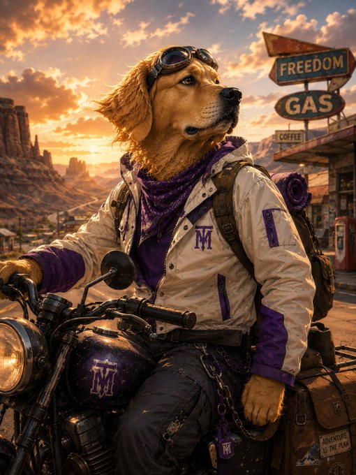 A digital artwork depicting a golden retriever dog wearing goggles and a purple-accented varsity jacket with 'M' logos, sitting on a motorcycle at a gas station with a 'FREEDOM GAS' sign in the background during sunset.