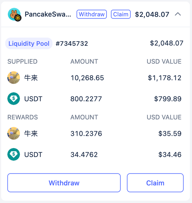A white-themed PancakeSwap Liquidity Pool interface for pool '#7345732' showing a total value of '$2,048.07', supplied amounts of 10,268.65 牛来 ($1,178.12) and 800.2277 USDT ($799.89), with unclaimed rewards of 310.2376 牛来 ($35.59) and 34.4762 USDT ($34.46), plus 'Withdraw' and 'Claim' buttons.