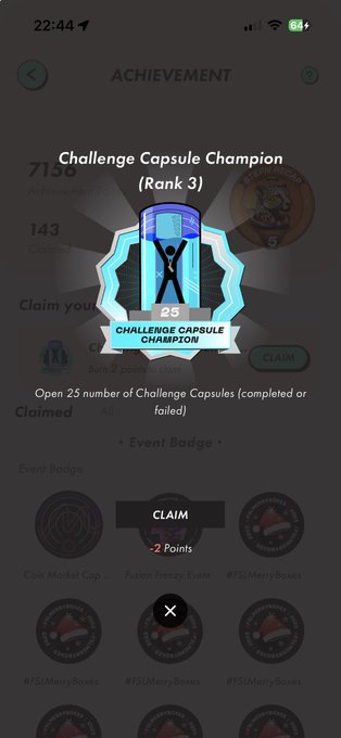 A mobile app achievement screen showing a 'Challenge Capsule Champion (Rank 3)' badge with a 'CLAIM' button visible below.