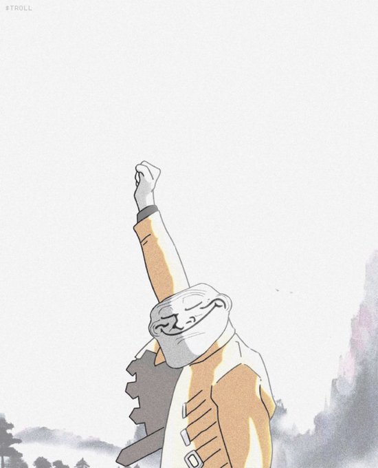An anime-style illustration of a character wearing a smiling mask and an orange and white shirt raising their fist, with "#TROLL" written in the top left corner.
