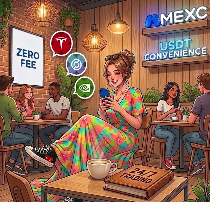 An illustrated advertisement for MEXC showing a woman in a colorful dress using a smartphone in a cafe, with text highlighting 'ZERO FEE', 'USDT CONVENIENCE', and '24/7 TRADING'.