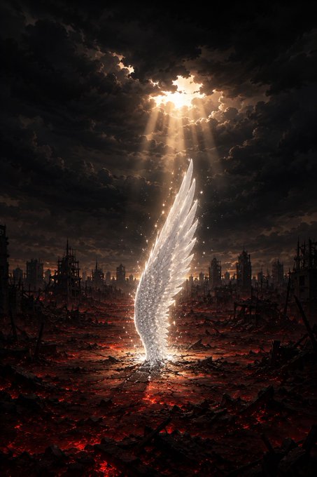 A single glowing white feather rises from a desolate, ruined landscape beneath dramatic sunbeams piercing through dark clouds.