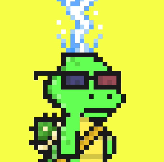 A pixel-art illustration of a green dinosaur-like character wearing red 3D glasses on a bright yellow background, with blue and white pixelated blocks emerging from the top of its head.