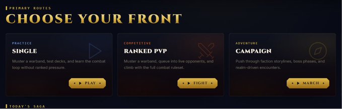 A digital game menu titled 'CHOOSE YOUR FRONT' with three primary routes: 'SINGLE' (Practice), 'RANKED PVP' (Competitive), and 'CAMPAIGN' (Adventure).