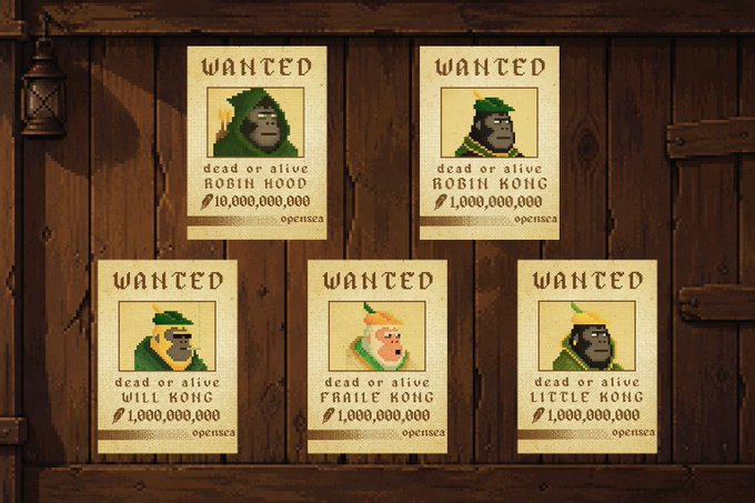 A graphic showing five 'WANTED' posters of gorillas from the KONG brand: Robin Kong (10,000,000,000 opensea), Will Kong, Frail Kong, Little Kong, and Robin Kong (1,000,000,000 each).