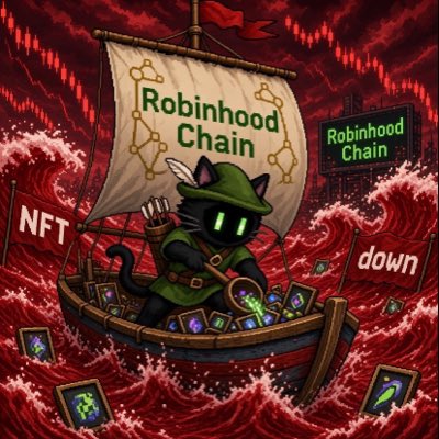 An illustration of a black cat in a Robin Hood outfit sailing a boat through stormy red seas, with a 'Robinhood Chain' sail and 'NFT' and 'down' flags amid a digital downturn.